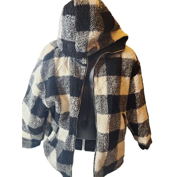 Buffalo Check Sherpa Fleece Jacket Large Black White Plaid Zip Hooded Coat Cozy - Picture 13 of 14